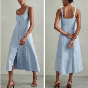 REISS Clarice Linen Broderie Midi Dress Size 8 Pastel Blue Spring Cottagecore